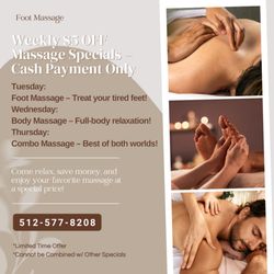 Foot Massage - Weekly $5 OFF Massage Specials - Cash Payment Only