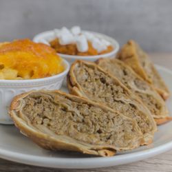302Foodplug - Cheesesteak eggrolls with Mac N cheese and sweet potatoes