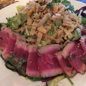 BJ's Restaurant & Brewhouse - Seared ahi salad ($15.50) w/ baby field greens, napa cabbage, rice wine vin, tomato, avocado, pickled cuc, wasabi, and wonton strip. - New American Near Me - Shenandoah, Texas BJ's Restaurant & Brewhouse - Seared ahi salad ($15.50) w/ baby field greens, napa cabbage, rice wine vin, tomato, avocado, pickled cuc, wasabi, and wonton strip. - New American Near Me - Shenandoah, Texas
