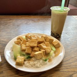 Chow Bar - Miso sauce fried tofu rice bowl, green milk tea w/ boba