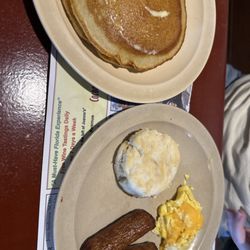 Joanne’s Beachside Cafe - Sausage links and cheese eggs with a side o pancakes.
