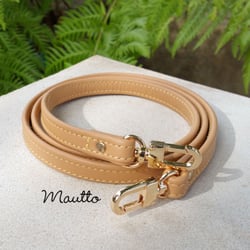 50-inch long, 1/2-inch wide, 'Camel' leather color with Yellow stitching and gold hooks.