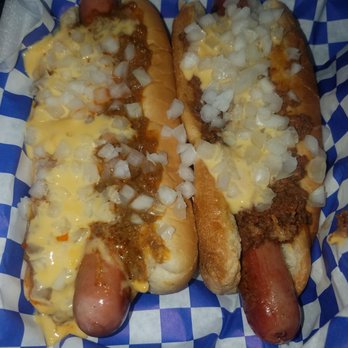 Midwest Coney Connection - Chili cheese dogs from Midwest Coney Connection.  The left dog is "wet" chili and cheese. The right one is a dry chili and cheese. DELICIOUS - Hot Dogs Near Me - Houston, Texas