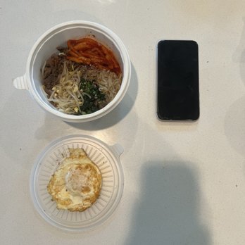 Chodang - $17 "bibimbap" half-filled container roughly the size of an iPhone. Only meat, spinach, radish, and 2x bean sprouts (same as free ban Chan) - Korean Near Me - Chandler, Arizona