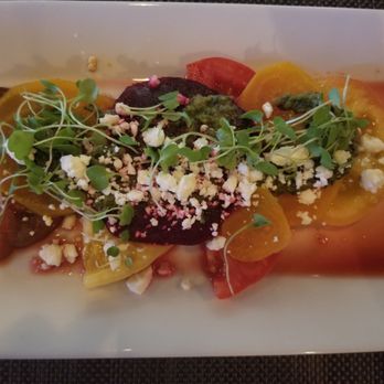 Fourk Kitchen - Lincoln - 1st course - Beet and Tomato Salad - Heirloom tomatoes, golden and red beets, feta, Ponzu and Chimichirri sauce - American Near Me - Lincoln, California