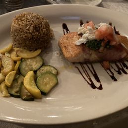 French Quarter Salmon (prosciutto, crab, basil pesto, tomato), Veggie de Jour (yellow squash, zucchini), dirty rice French Quarter Salmon (prosciutto, crab, basil pesto, tomato), Veggie de Jour (yellow squash, zucchini), dirty rice