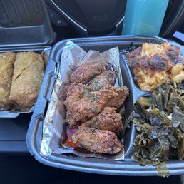 Soul roll, special wings, Mac and cheese. Collard greens