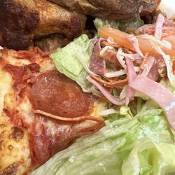 Barro's Pizza - Sausage and pepperoni with wings and salad and mojo's