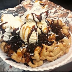 OMG Mr Munchies Jr - Funnel Cake-Topped with Ice cream, whip cream and chocolate syrup!