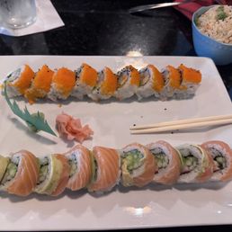 California with Masago on top, Alaska on bottom. California with Masago on top, Alaska on bottom.