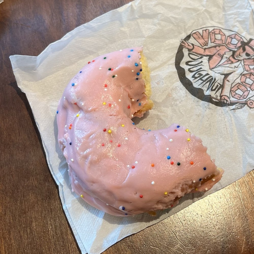 Voodoo Doughnut - Homer - raised donut with strawberry flavor frosting and sprinkles - Donuts Near Me - Seattle, Washington Voodoo Doughnut - Homer - raised donut with strawberry flavor frosting and sprinkles - Donuts Near Me - Seattle, Washington