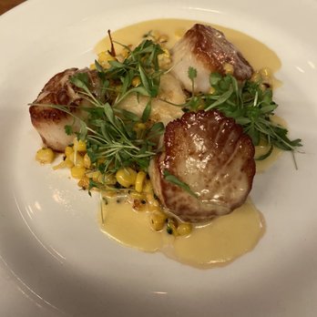 The Oyster Loft - Husbands dish; Pan seared scallops with corn and augratin potatoes. - Seafood Near Me - Pismo Beach, California