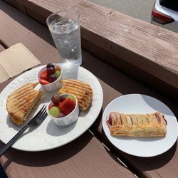 Marina View Cafe - Panini breakfast sandwich, fresh fruit, and raspberry pastry