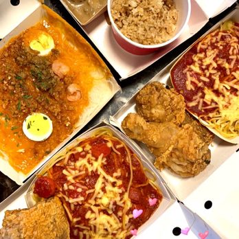 Jollibee - Jollispaghetti, Chickenjoy, burger steak with adobo rice and my fav Palabok! - Chicken Shop Near Me - San Antonio, Texas