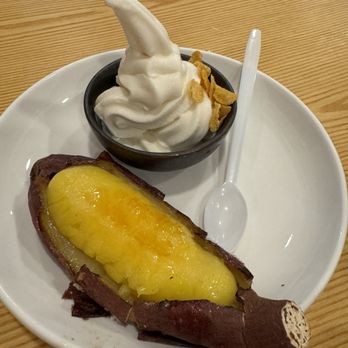 Tendon Kohaku - The saddest dessert I was ever served.  Cold potato, no flavor to the "custard" and the soft serve is too sweet and texture is icy. - Japanese Near Me - Bellevue, Washington