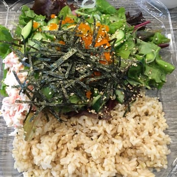 Ahipoki - Regular size: half half: salad w brown rice salmon tuna crabmeat seaweed salad avocado dried seaweed sesame seeds - Seafood Near Me - Temple City, California