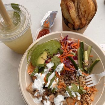 World Wrapps - Tika Massala Bowl, garlic shake  fries, and pineapple mint drink. - Wraps Near Me - Corte Madera, California