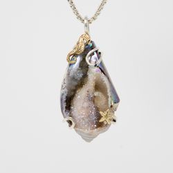 Jewelry Of Joy - Fossilized Drusy shell with sterling silver and gold handmade by Joy Badders