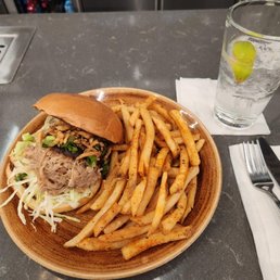 BBQ Pork Sandwich with spicy fries