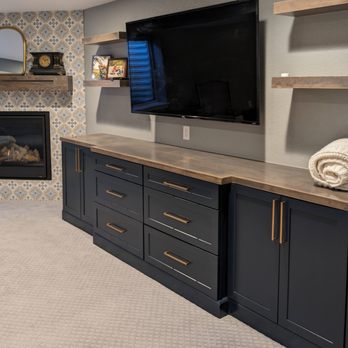 Brothers Construction - Custom, blue, media center with wood top. - General Contractors Near Me - Littleton, Colorado Brothers Construction - Custom, blue, media center with wood top. - General Contractors Near Me - Littleton, Colorado