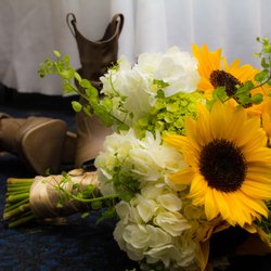 Blue Ridge Flowers - A lovely cluster bouquet of sunflowers and hydrangea for that wild flower girl! ~
