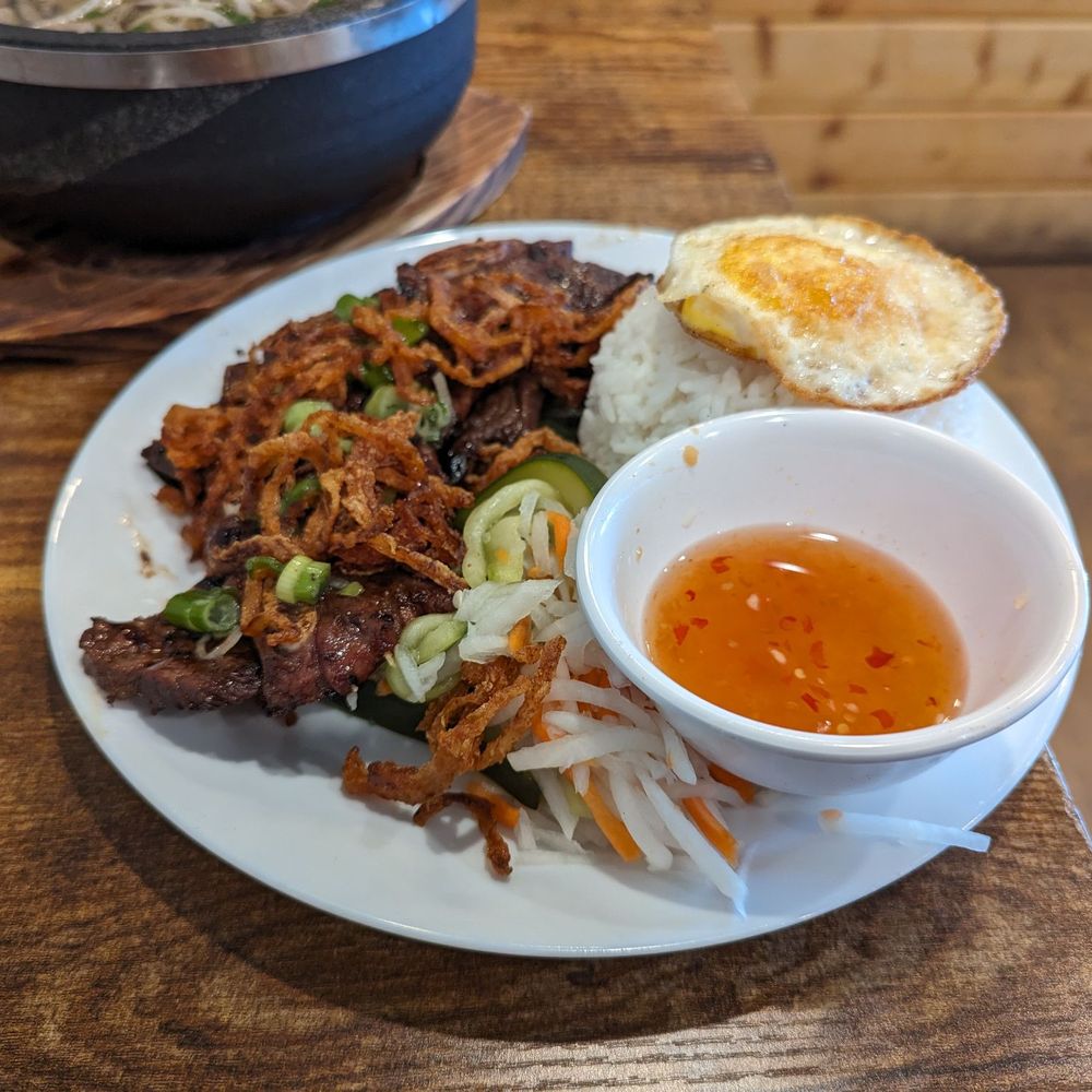 Salima Specialties - Beef short ribs with fried egg, rice, fish sauce and pickled vegetables - Pan Asian Near Me - Seattle, Washington