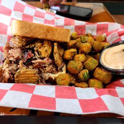 Fried pickle pork sandwich with fried okra