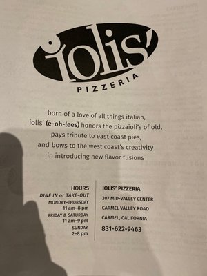 Menu photo 1 Iolis' Pizzeria Carmel, CA Menu photo 1 Iolis' Pizzeria Carmel, CA