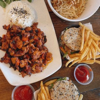Hide Out Cafe - BBQ Rice Burger with Crispy Fries Dry Noodle BBQ Pork Belly - Cafes Near Me - Rowland Heights, California