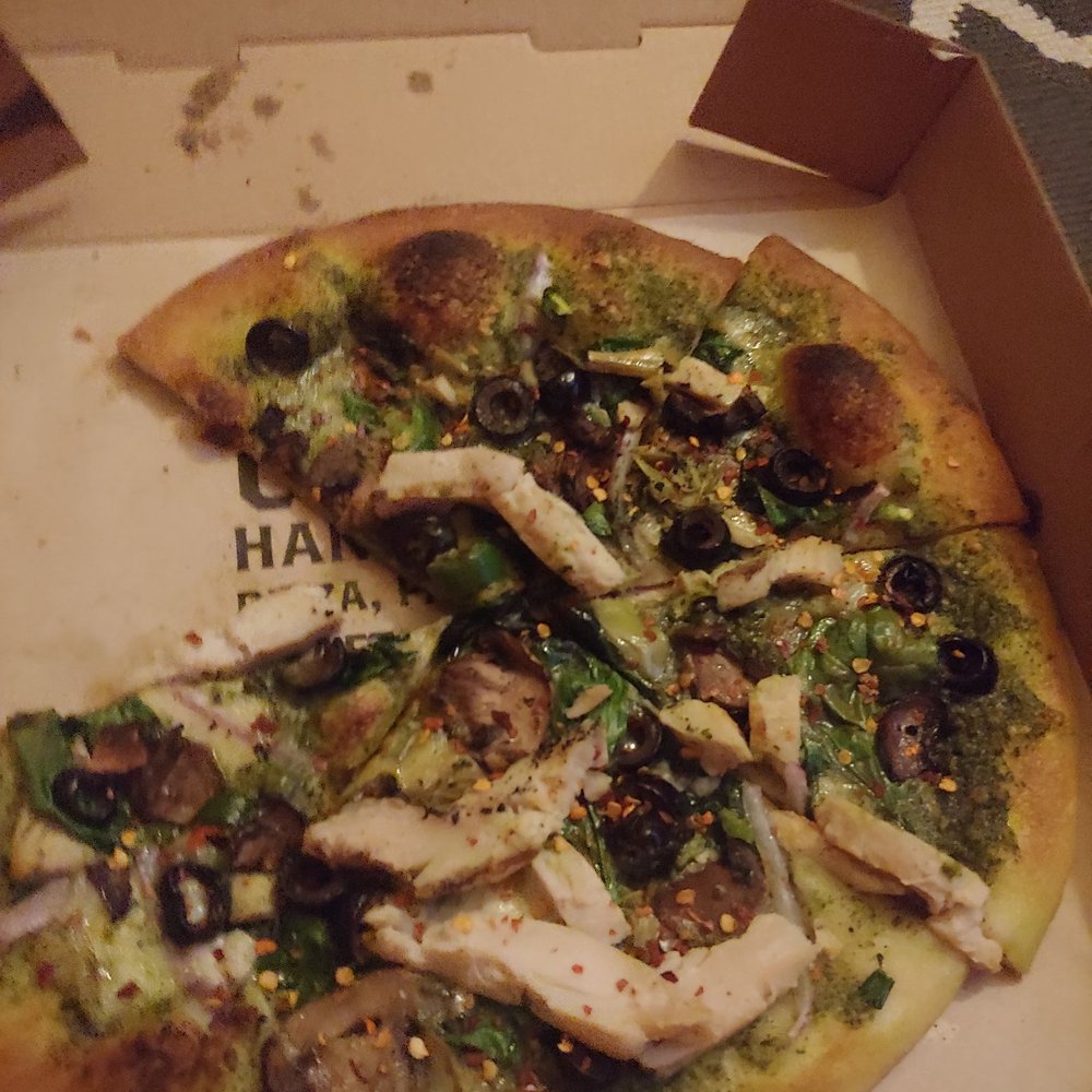Missing toppings sundried tomato, fresh mozzarella cheese, pineapples, green pepper, garlic The chicken could have been chopped up real fine Missing toppings sundried tomato, fresh mozzarella cheese, pineapples, green pepper, garlic The chicken could have been chopped up real fine