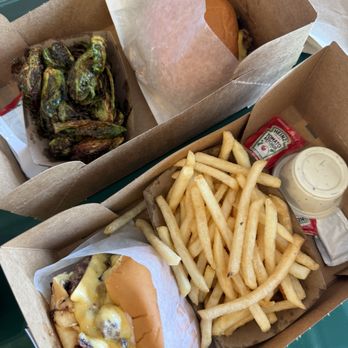 The Win-Dow Santa Monica - Brussels sprouts and cheeseburger on top, double cheeseburger and fries on the bottom - Burgers Near Me - Santa Monica, California The Win-Dow Santa Monica - Brussels sprouts and cheeseburger on top, double cheeseburger and fries on the bottom - Burgers Near Me - Santa Monica, California
