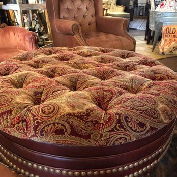 Chantilly's - Large overstuffed, thffted ottoman with red burgundy leather studded base. - Used, Vintage & Consignment Near Me - Jacksonville, Texas Chantilly's - Large overstuffed, thffted ottoman with red burgundy leather studded base. - Used, Vintage & Consignment Near Me - Jacksonville, Texas