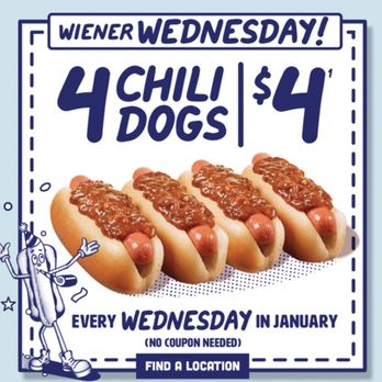 Wienerschnitzel - Wienerschnitzel, Cathedral City. Promotion for every Wednesday in January, 2025. If you missed it, I truly feel your disappointment. - Fast Food Near Me - Cathedral City, California