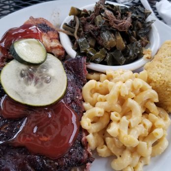 Bonnie Blue - Three meat platter with chicken on the bone, brisket, and ribs. Collards and mac n cheese side with cornbread. - Bakeries Near Me - Winchester, Virginia Bonnie Blue - Three meat platter with chicken on the bone, brisket, and ribs. Collards and mac n cheese side with cornbread. - Bakeries Near Me - Winchester, Virginia