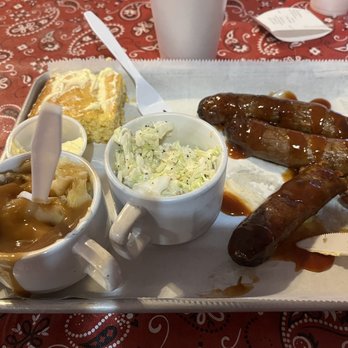 Thee Pitts Again - Smoked sausage with mashed potatoes and gravy, coleslaw, and cornbread. - Barbeque Near Me - Silverton, Colorado Thee Pitts Again - Smoked sausage with mashed potatoes and gravy, coleslaw, and cornbread. - Barbeque Near Me - Silverton, Colorado