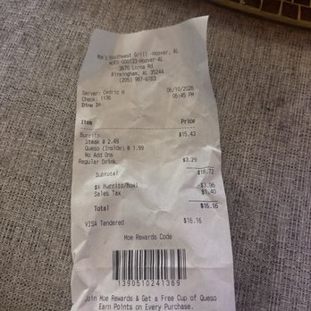 Moe's Southwest Grill - The receipt - Tex-Mex Near Me - Hoover, Alabama Moe's Southwest Grill - The receipt - Tex-Mex Near Me - Hoover, Alabama