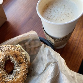 The Upside Brew - Breakfast Bagel (left), Chai Tea Latte (right) - Coffee & Tea Near Me - Cincinnati, Ohio