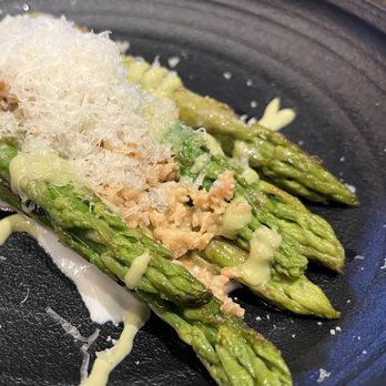 Esteban Restaurant - Asparagus with Dijon tarragon aioli, brown butter, Marcona almonds manchego, citrus yogurt, and parmesan cheese. - Spanish Near Me - Monterey, California Esteban Restaurant - Asparagus with Dijon tarragon aioli, brown butter, Marcona almonds manchego, citrus yogurt, and parmesan cheese. - Spanish Near Me - Monterey, California