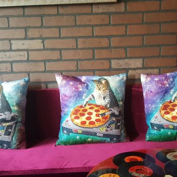 King's Pizza Cafe - Cute kitty pillows, for sale too! Also the decoration in this place is so fun and quirky!! - Pizza Near Me - Honolulu, Hawaii