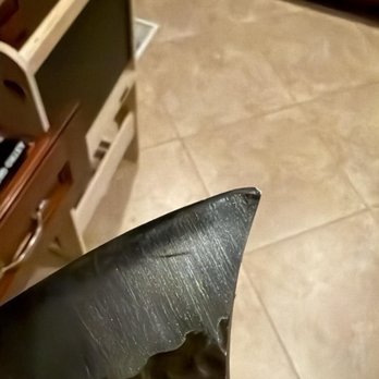 Razor Lab - Before photo of chipped tip - Knife Sharpening Near Me Razor Lab - Before photo of chipped tip - Knife Sharpening Near Me