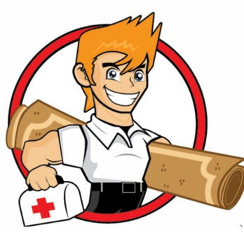 Floor Drs - a cartoon man holding a roll of wood - Carpet Installation Near Me