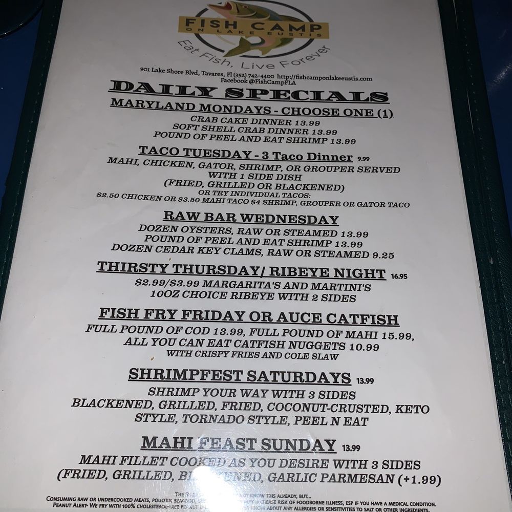 Fish Camp On Lake Eustis - Menu - Seafood Near Me - Tavares, Florida