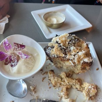 Tequila 45 - Coconut Bread Pudding with Vanilla Ice Cream - Tex-Mex Near Me - Houston, Texas Tequila 45 - Coconut Bread Pudding with Vanilla Ice Cream - Tex-Mex Near Me - Houston, Texas