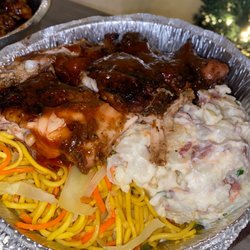 Avenue BBQ Hut - Jerk Chicken w/ Potato Salad and Lo Mein