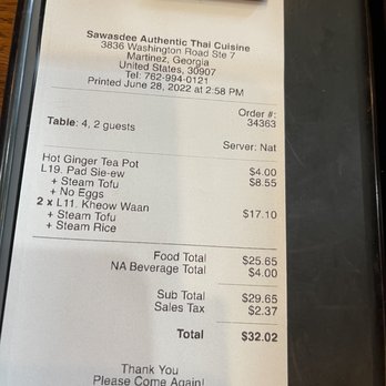 Sawasdee Authentic Thai - This was our lunch check for two with an extra meal - Thai Near Me - Martinez, Georgia