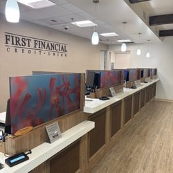 First Financial Credit Union - teller line inside Northridge branch - side view
