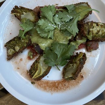 Olea - Falafel Crusted Artichoke Hearts with an Eggplant Salad - Tapas Bars Near Me - Brooklyn, New York Olea - Falafel Crusted Artichoke Hearts with an Eggplant Salad - Tapas Bars Near Me - Brooklyn, New York