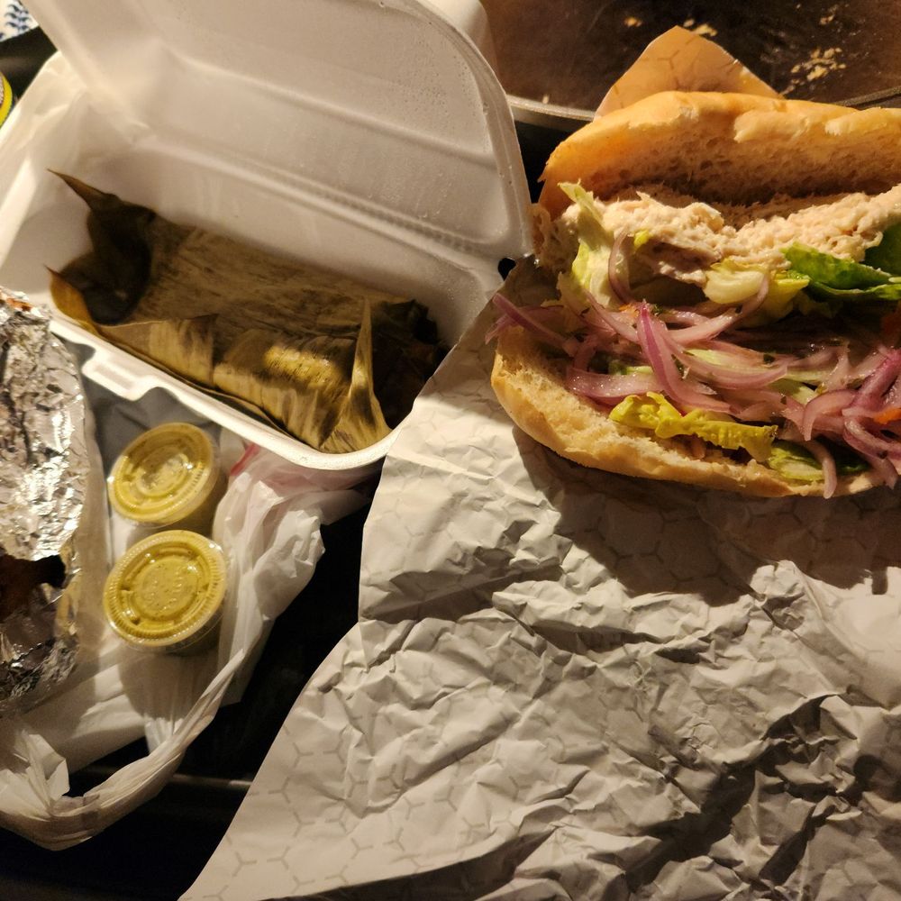 Tamale($8)+ Pollo/chicken salad sandwich ($9) + Caramel latte ($4.85) = $23.85 My sandwich is not full. No potato sticks given.