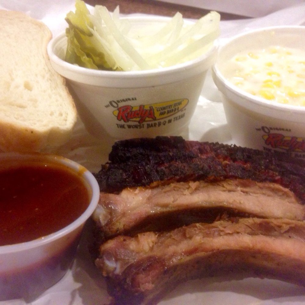 Rudy's - Brisket & baby back ribs. Bread, onions, & pickles included. Creamed corn extra. - Barbeque Near Me - Schertz, Texas Rudy's - Brisket & baby back ribs. Bread, onions, & pickles included. Creamed corn extra. - Barbeque Near Me - Schertz, Texas