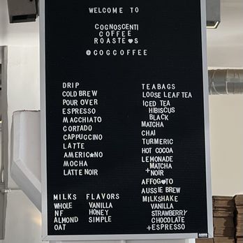 Cognoscenti Coffee Roasters - Menu as of December 2024 - Coffee & Tea Near Me - Los Angeles, California Cognoscenti Coffee Roasters - Menu as of December 2024 - Coffee & Tea Near Me - Los Angeles, California